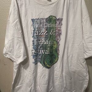 Gildan White Short Sleeve Jazz & Heritage Festival Tee with Green Shoe Graphic
